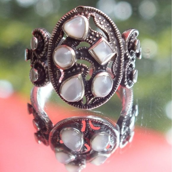 Sterling Silver Moonstone Cluster Statement Ring, Size 7, Unique Split Band - Picture 2 of 9